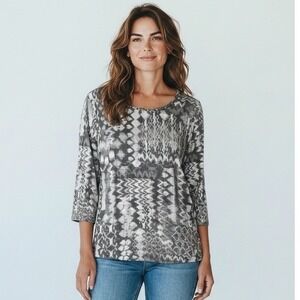 Ruby Rd Women Large Gray Abstract‎ Patchwork Embellished Neck 3/4 Sleeve Top NWT